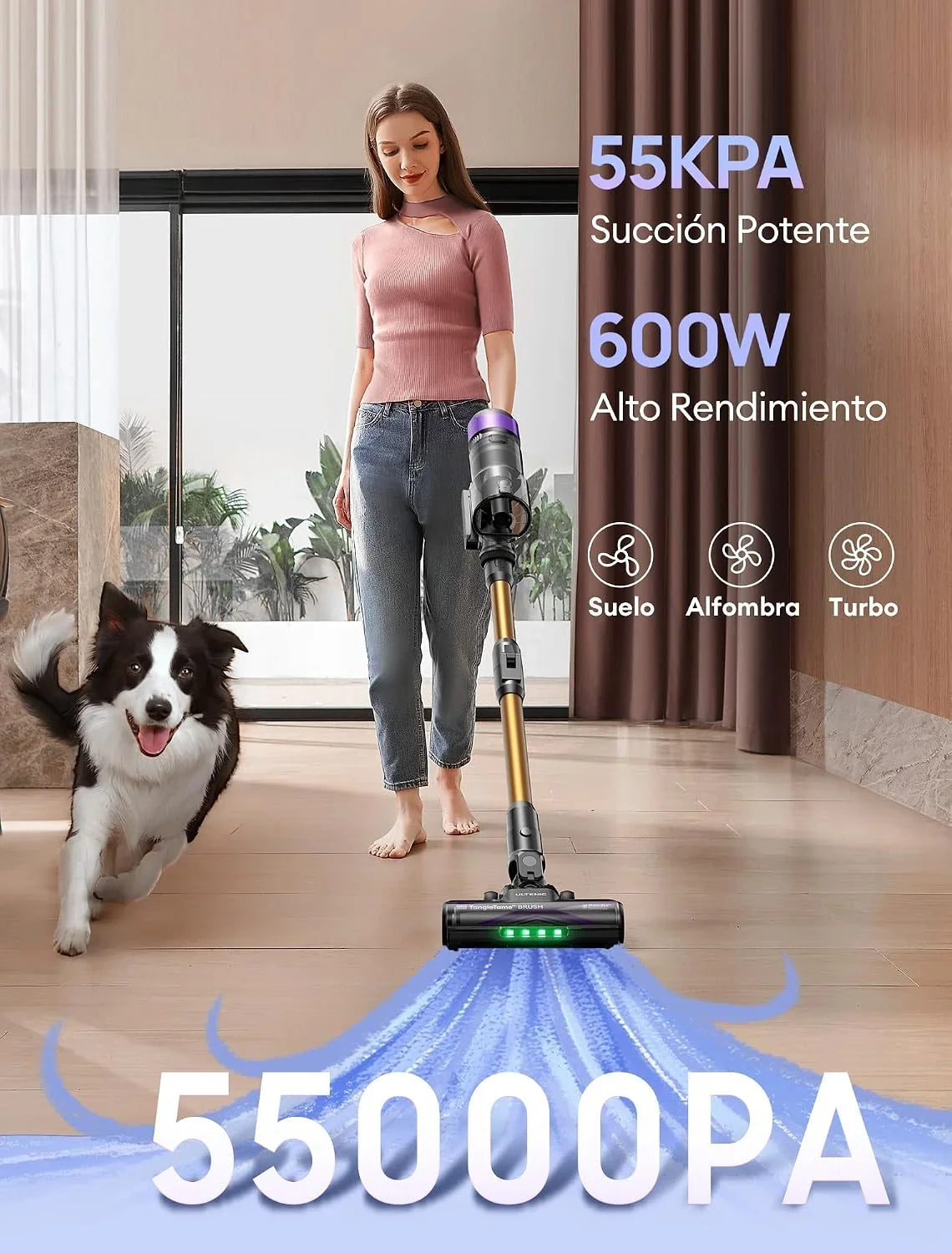 Ultenic U20 Aspiradora sin Cable 55Kpa/55Min, Cepillo Anti-Enredo Mejorado, Aspirador Escoba con Brazo Flexible, Limpieza Ultraprofunda Bajo Muebles sin Agacharse, para Alfombra/Pelo de Mascotas