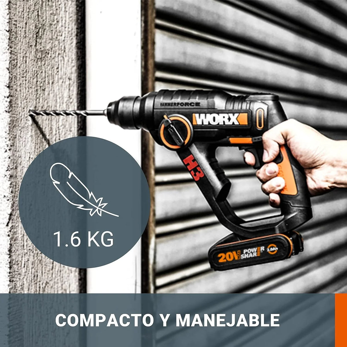 Worx WX390.1 Martillo SDS-Plus 20V 1,2J 2 Baterías Maletín
