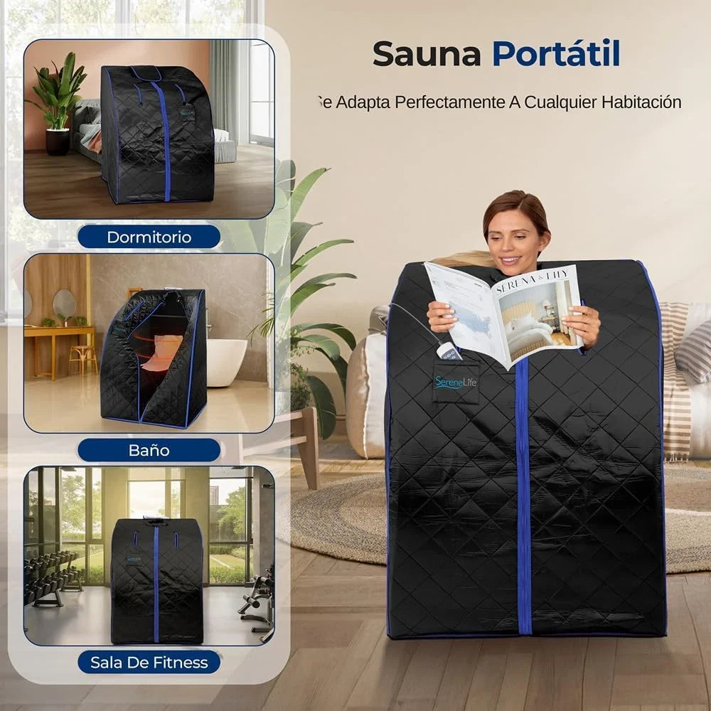 SereneLife SPA portátil infrarrojo para el hogar, Gran tamaño, Sauna para una Persona, Completo, con Almohadilla calefactora para los pies, Silla plegable