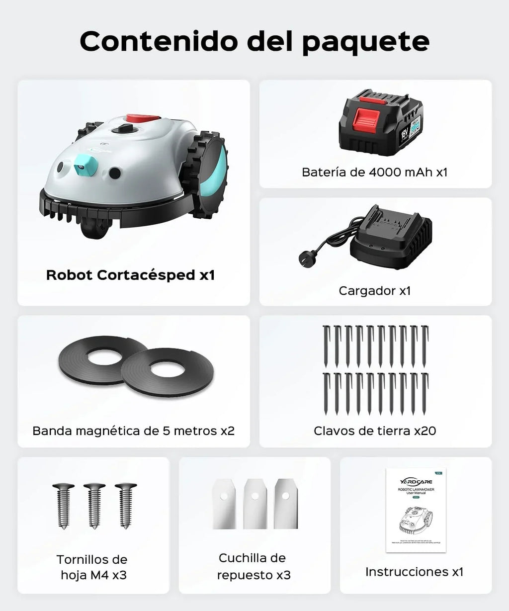 YARDCARE V100 Robot Cortacésped eléctrico con Navegación por Visión, Corte en Espiral, Detección de 150 Obstáculos, Robot Cortacésped Bateria hasta 150m², Robot Cortacesped con Cuchillas de Repuesto