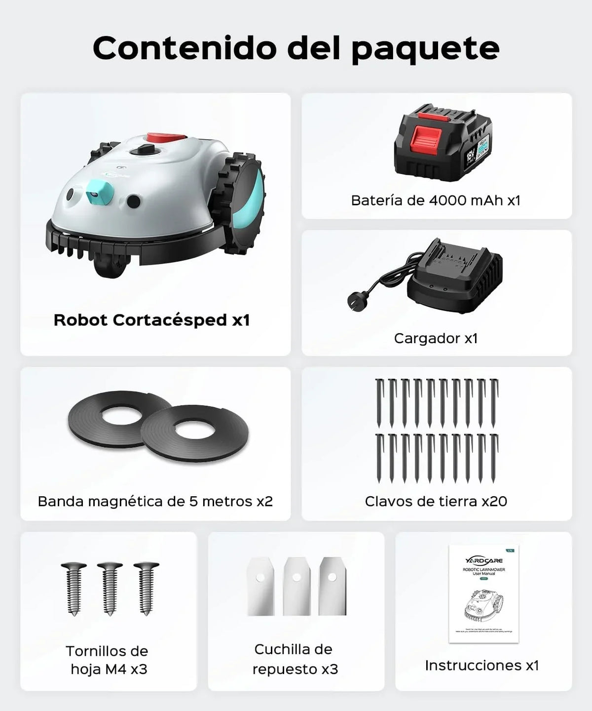 YARDCARE V100 Robot Cortacésped eléctrico con Navegación por Visión, Corte en Espiral, Detección de 150 Obstáculos, Robot Cortacésped Bateria hasta 150m², Robot Cortacesped con Cuchillas de Repuesto