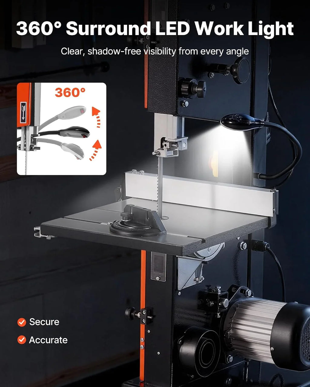 VEVOR Sierra de Cinta, Ancho de Corte de 254 mm, 2 Velocidades, Motor de 373 W, Altura de Corte de 160 mm, Mesa de Hierro Fundido de 335 x 340 mm, Luz de Trabajo de 360 Grados, para Carpintería