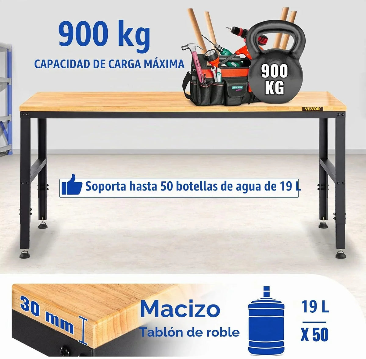 VEVOR Banco de Trabajo de Altura Ajustable, 135 cm de Ancho x 46 cm de Profundidad x 97 cm de Alto, Mesa de Garaje con 72-97 cm de Altura y Capacidad de Carga de 900 kg, con Tomas de Corriente, Parte