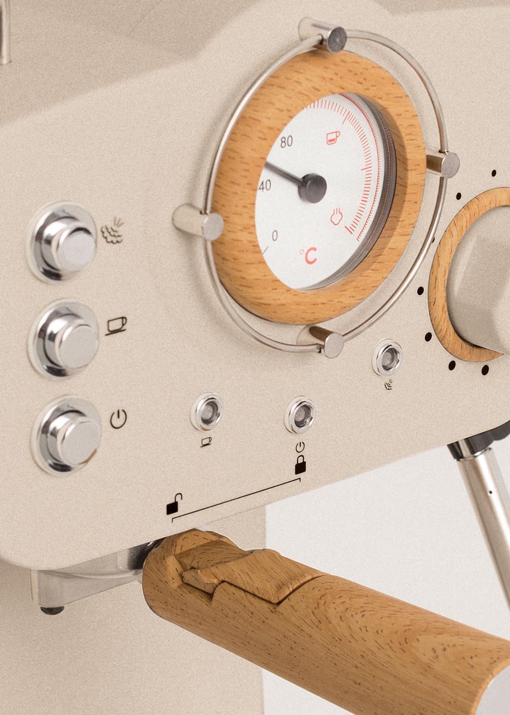 CREATE / THERA RETRO/Cafetera Express Semiautomática arena mate y madera / 20 bares, brazo doble salida, depósito 1,25L, café molido y monodosis ESE 55mm, con vaporizador, 1100W