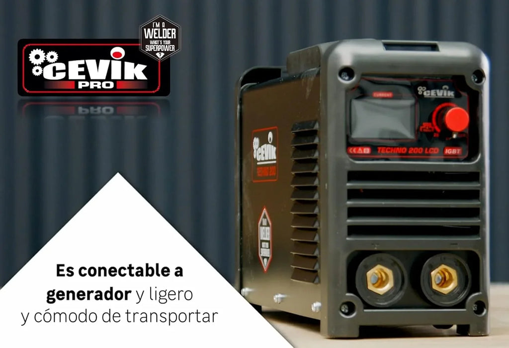 CEVIK PRO CE-TECHNO200LCD - Soldador Inverter MMA con Máscara de Soldadura y Portaelectrodo - 200A 50% 230V-Electrodos hasta 5mm - Pantalla LCD - Conectable a Generador - Máquina de Soldar