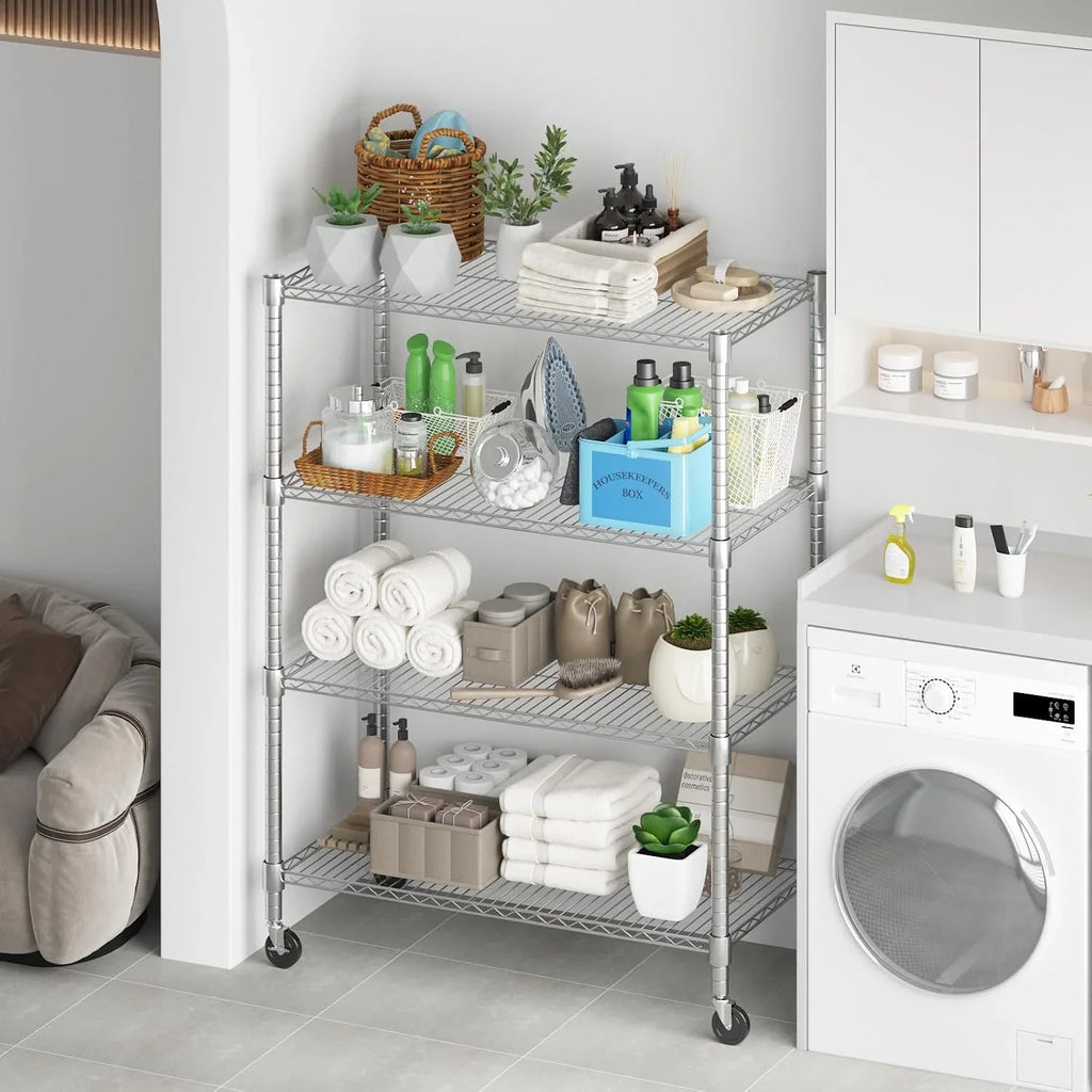 Himimi Estantería de Alambre de 4 Niveles con Ruedas, Altura Ajustable,con Pies Niveladores, Estante de Almacenamiento Metálico para Cocina, Baño, Dormitorio,Capacidad de 500 kg, 90*45*183 cm, Plata