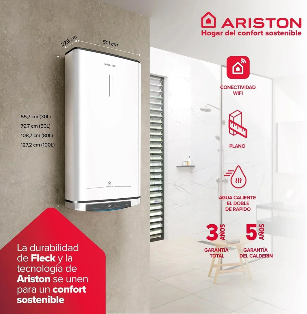 Ariston Velis Pro Wifi (ex Fleck Duo 5) - Electric Thermo 80 Liters Flat 27.5 cm, Multiposition, WiFi with App Control and First Shower in 46min - After-Sales Service only Available in Spain