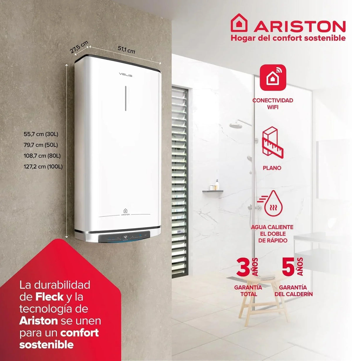 Ariston Velis Pro Wifi (ex Fleck Duo 5) - Electric Thermo 80 Liters Flat 27.5 cm, Multiposition, WiFi with App Control and First Shower in 46min - After-Sales Service only Available in Spain