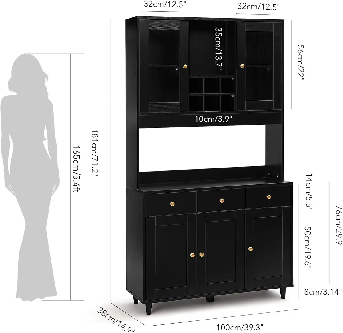 VOWNER Armario Aparador Cocina/Buffet, 100L x 38W x 181H cm, Mueble Auxiliar de Almacenaje, 5 Puertas y 5 Baldas Ajustables, Blanco