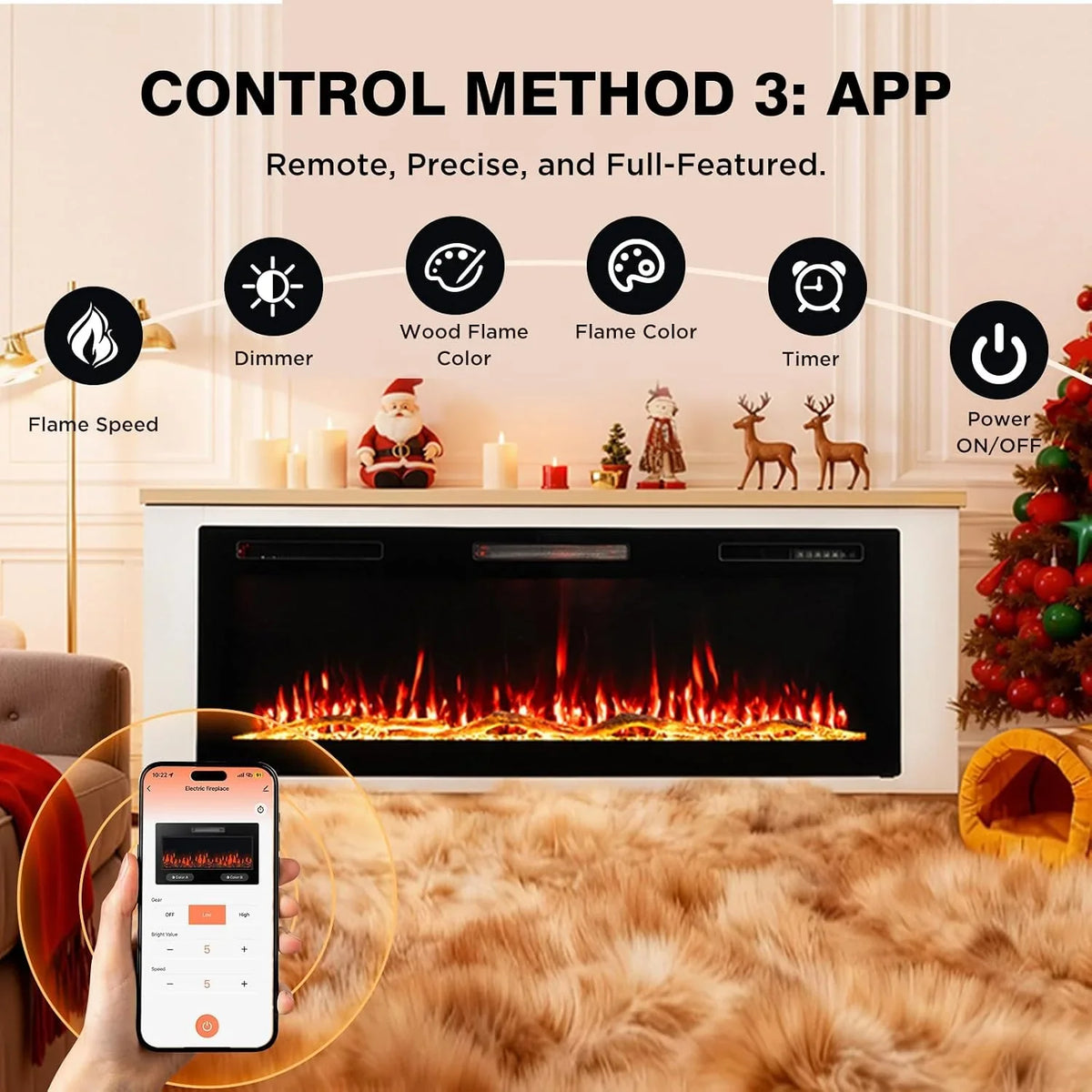 HOMAVO 50" Electric Fireplace with Heating, 1000W/2000W Decorative Fireplace, 12 Colors of 3D Flame, 12 Colors of Wood Fireplace, Remote Control & App, Includes Fireplace Furniture