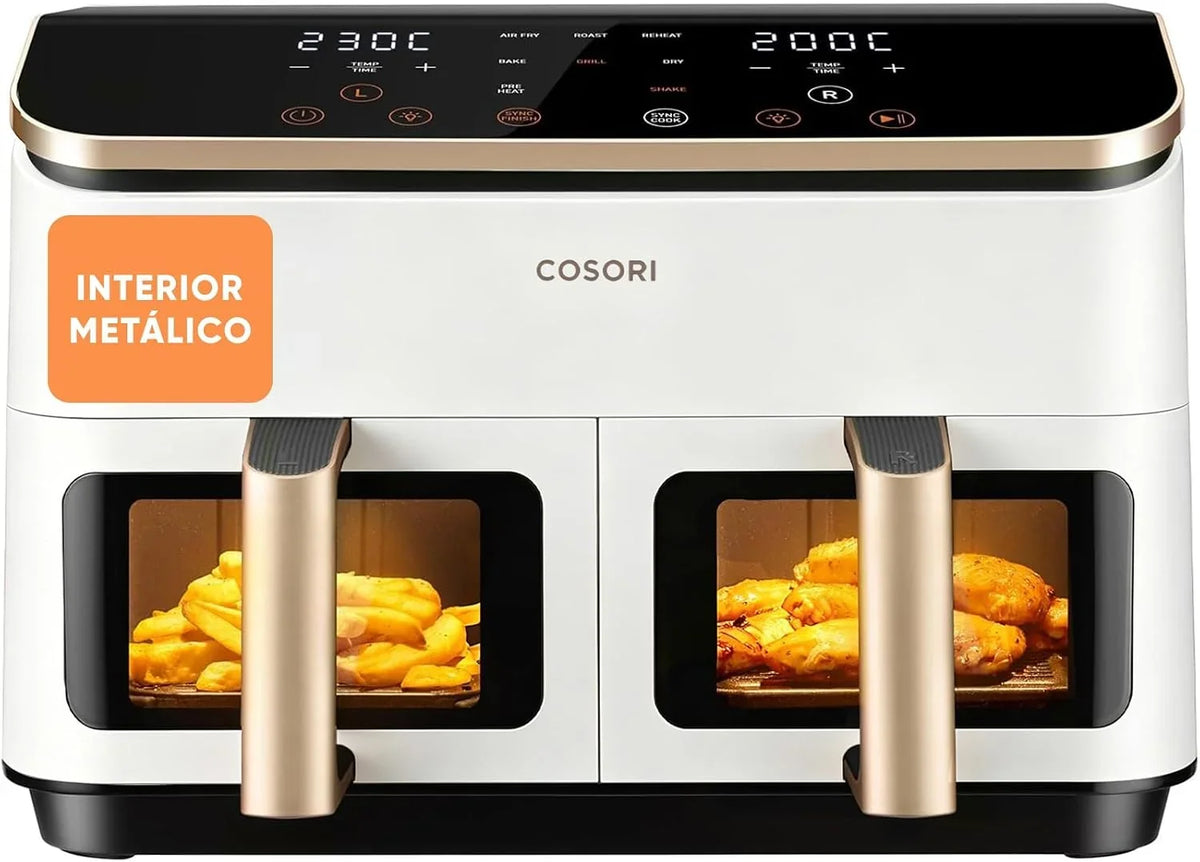 Cosori Freidora de Aire 8,5L, Doble Cesta con Ventana, 10 Funciones, Blanca