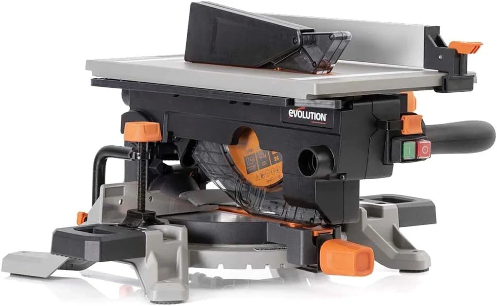 Evolution Power Tools R210MTS-G2 Sierra híbrida convertible de mesa/ingletadora, compacta y portátil, corte multimaterial, corta madera, metal, plástico, etc.; incluye una hoja de 210 mm