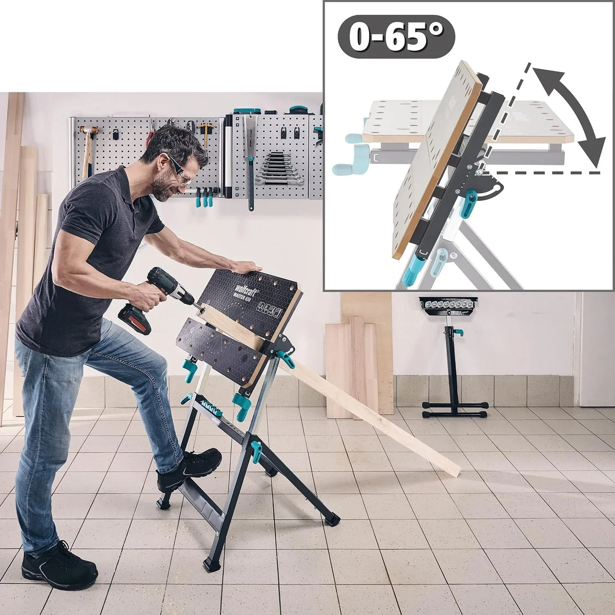 wolfcraft Mesa de Trabajo y sujeción Master 650 Ergo I 6870000 I La Mesa de sujeción de Altura Ajustable y portátil Que Permite Trabajar de Manera Flexible en Todos Tus proyectos