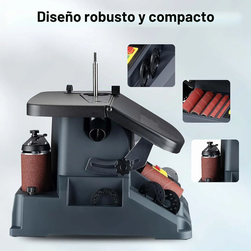 Wiltec Lijadora de banda con husillo oscilante 500 W inclinable hasta 45° pulidora de cinta con 5 manguitos de lijado y carrera de oscilación de 16 mm, 2000 rpm