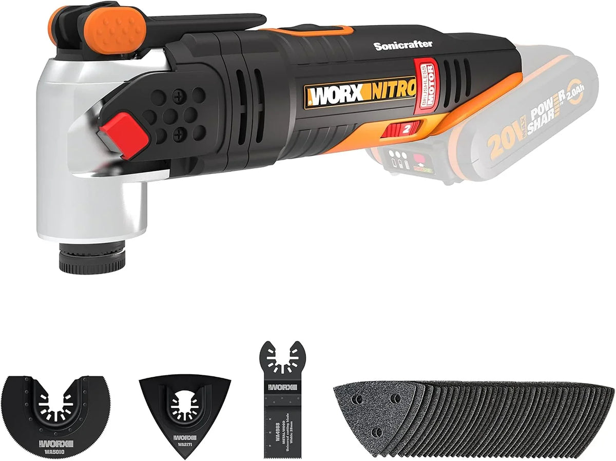WORX Multiherramienta Brushless Sonicrafter 20V | PowerShare |WX693.9 - Sin batería, ni cargador | Motor sin escobillas, velocidad variable, sistema Hyperlock