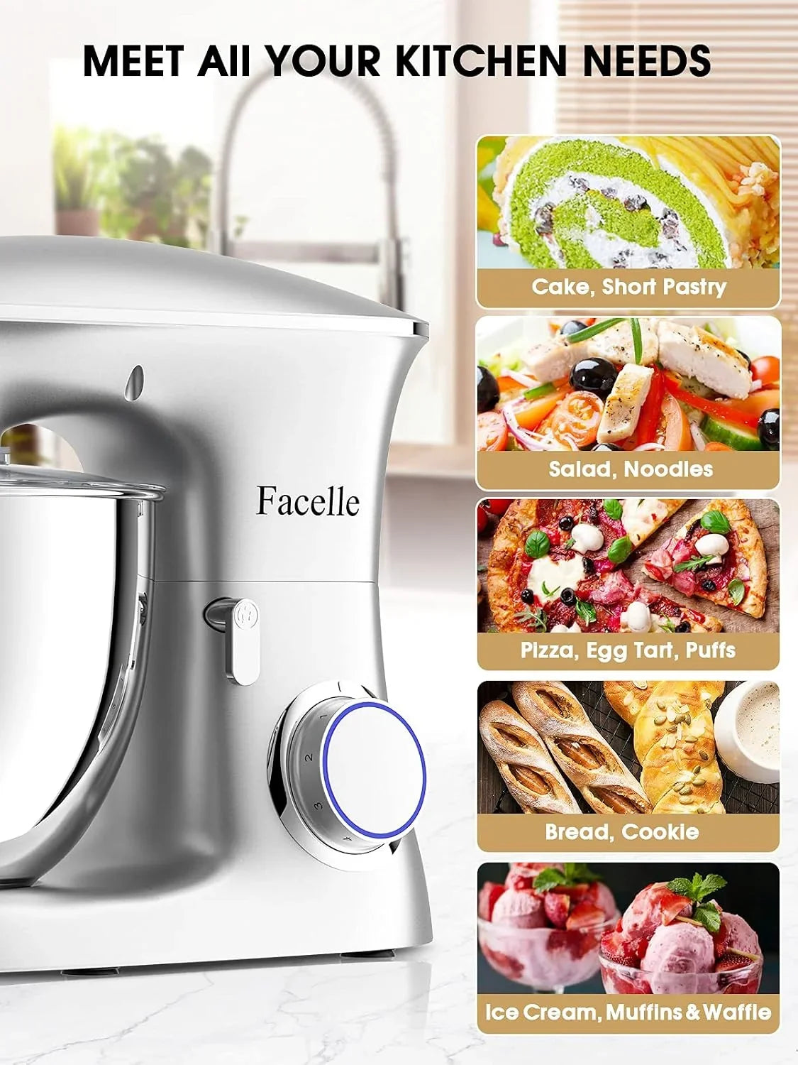 Batidora Amasadora 8.5L 2000W Facelle Amasadora de Pan Para Repostería