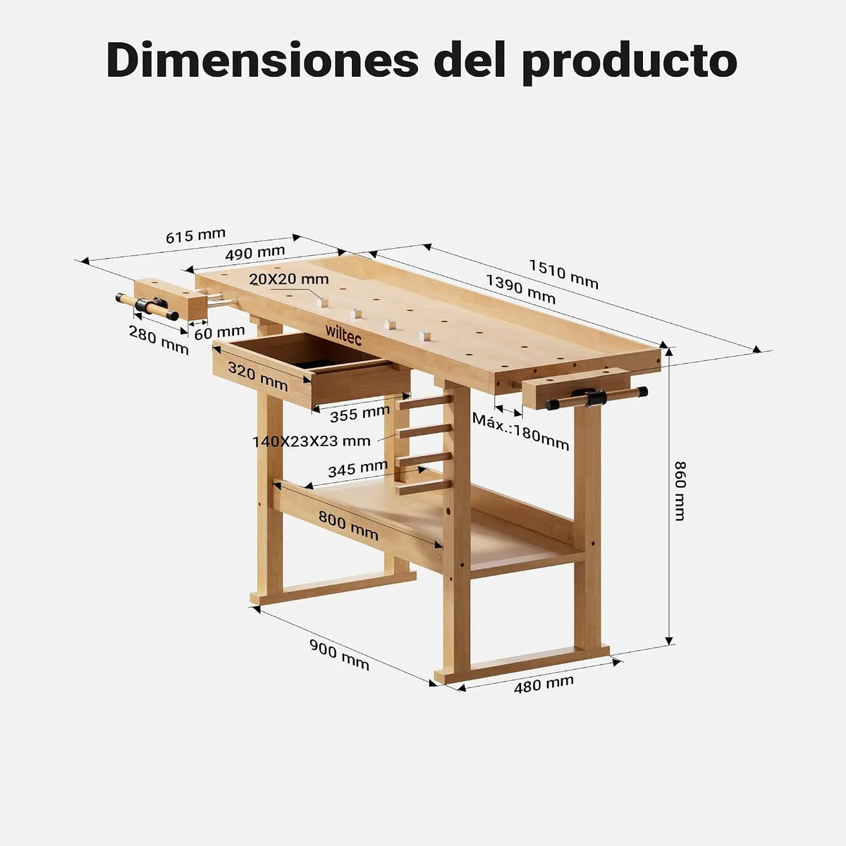 Wiltec Banco de Carpintero 151 x 61,5 x 86 cm Mesa de Trabajo de Madera 150 kg con cajón, Estante y Pinzas de sujeción, Ideal para Trabajos de carpintería, Bricolaje y Taller