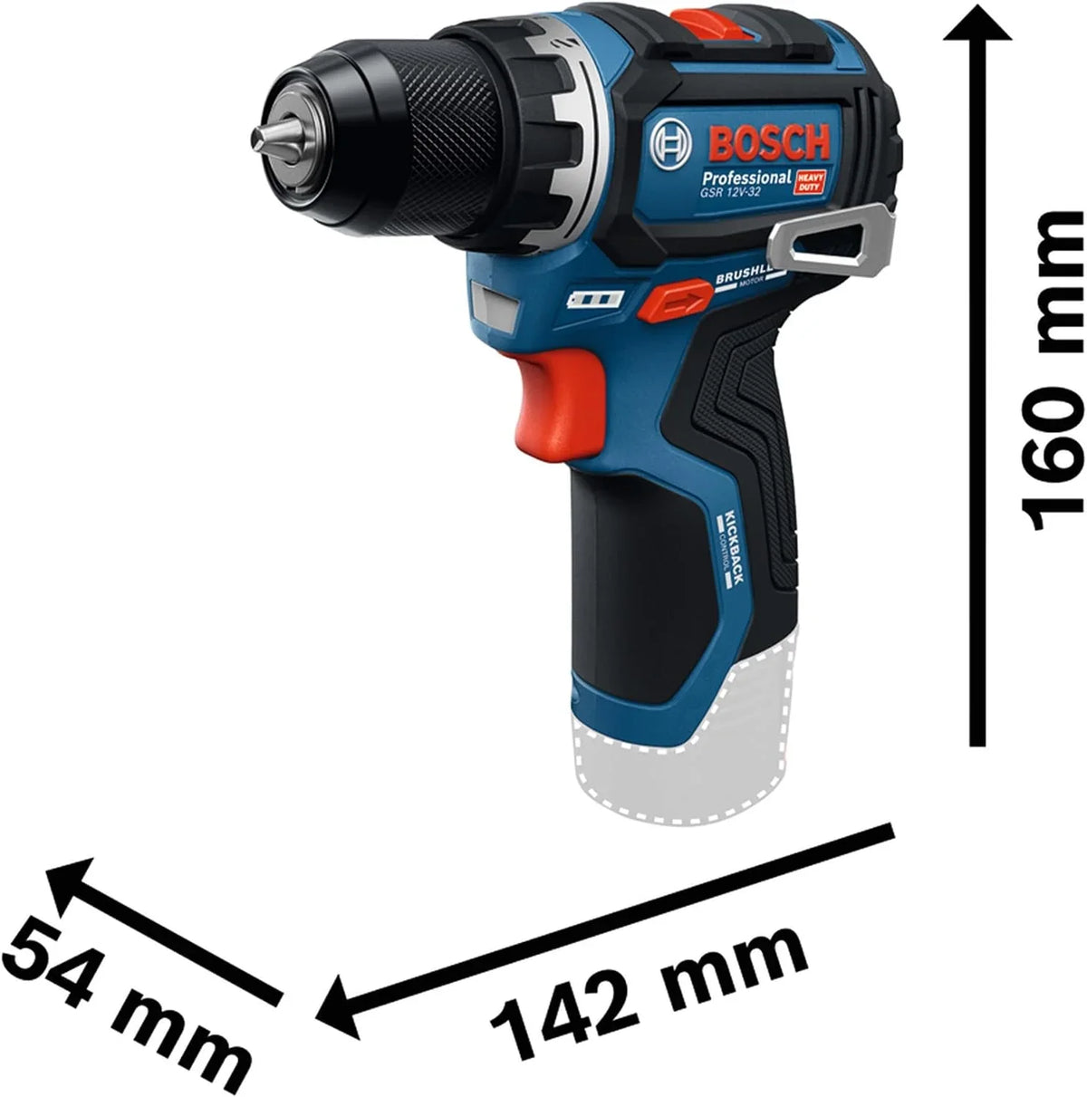 Taladro/atornillador a batería Bosch Professional 12V GSR 12V-32 (KickBack control óptimo, motor Brushless sin escobillas)