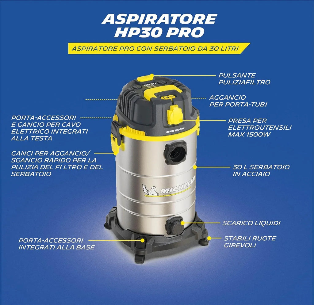 Michelin HP30PRO Aspirador Industrial 30L 1400W - Seco y Húmedo - Depósito INOX - Vibración Mecánica Filtro - Drenaje Líquidos - Cable 4m