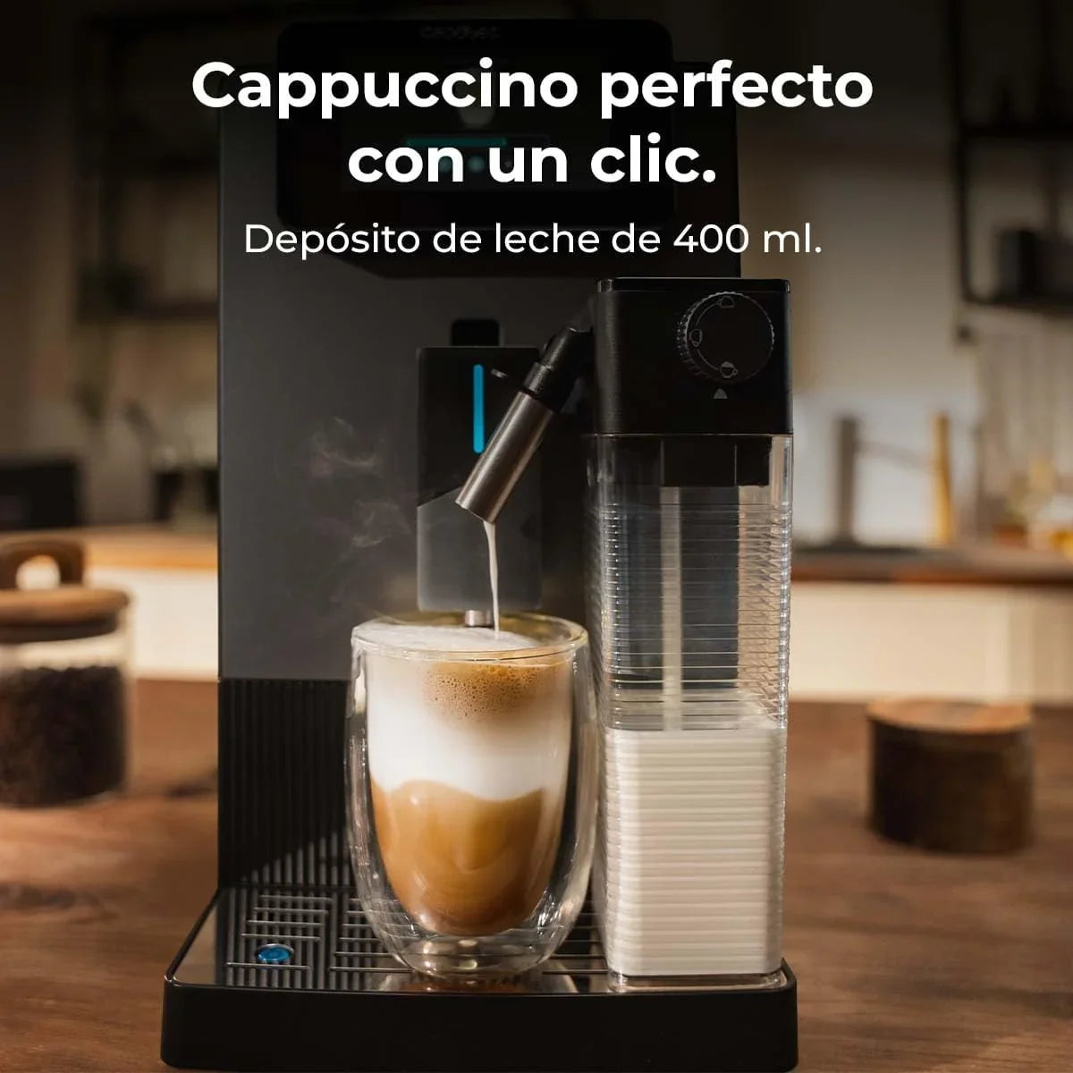 Cecotec Cafetera Superautomática Cremmaet Latte Touch. 19Bares, Thermoblock, 12 Bebidas, 4 Perfiles, Agua 1.1L y 400ml Leche, Pantalla TFT, Molinillo Cónico, Limpieza Automática, Altura Regulable