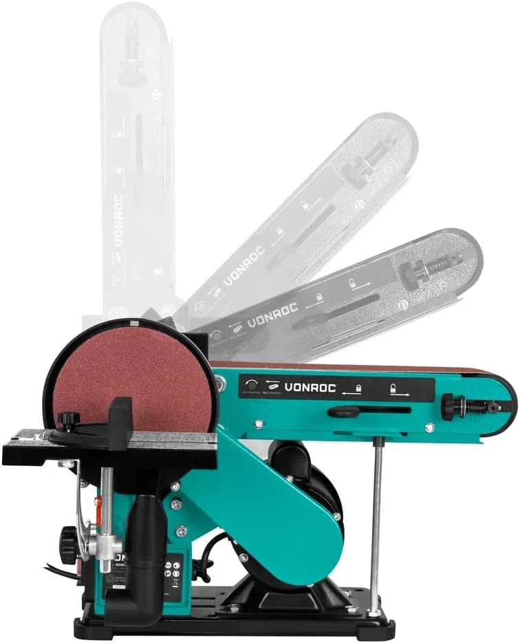 VONROC Lijadora de banda y disco de 350 W – Contiene 2 bandas de lijado de 100 x 915 mm (P80 y P120) y 2 discos de lijado de 150 mm de diámetro (P80 y P120)