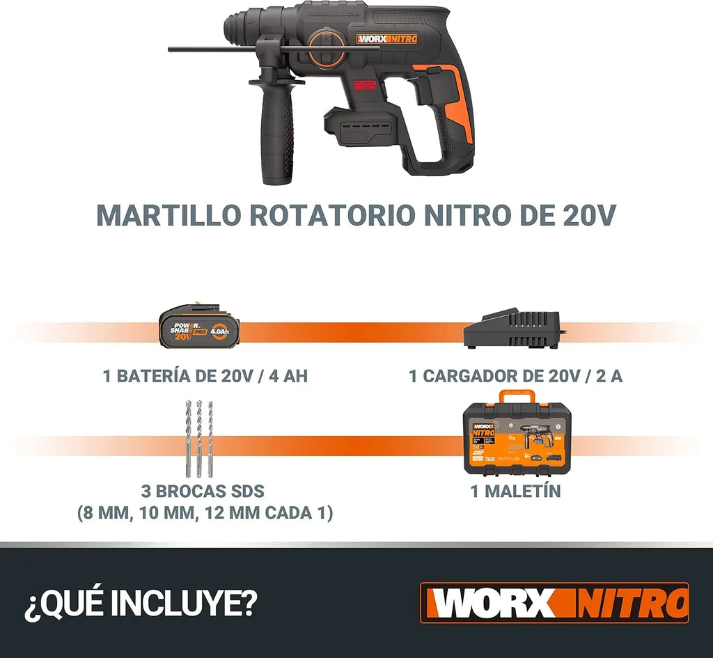Worx WX381 Martillo Perforador Brushless 20V 2J Batería 4Ah