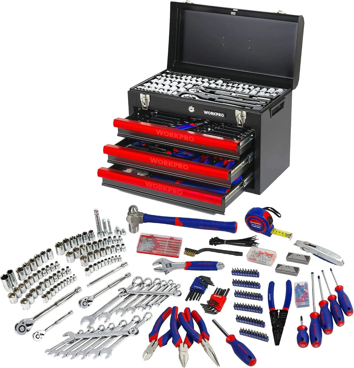 WORKPRO 408piezas Juego de Herramientas mecánicas, Caja de Herramientas Completa para mecánicos con 3 cajones, Caja de Metal Resistente