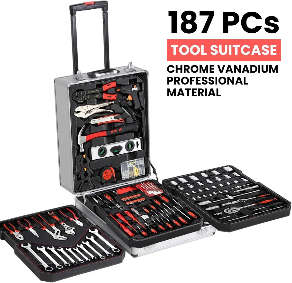 𝗠𝗮𝗹𝗲𝘁𝗶́𝗻 𝗱𝗲 𝗛𝗲𝗿𝗿𝗮𝗺𝗶𝗲𝗻𝘁𝗮𝘀 𝟭𝟴𝟳 𝗣𝗖𝘀 𝗖𝗿𝗼𝗺𝗼 𝗩𝗮𝗻𝗮𝗱𝗶𝗼. Maleta de Herramientas Completa con Ruedas, Juego de Piezas de Reparación Manual. Carro de Aluminio Impermeable.