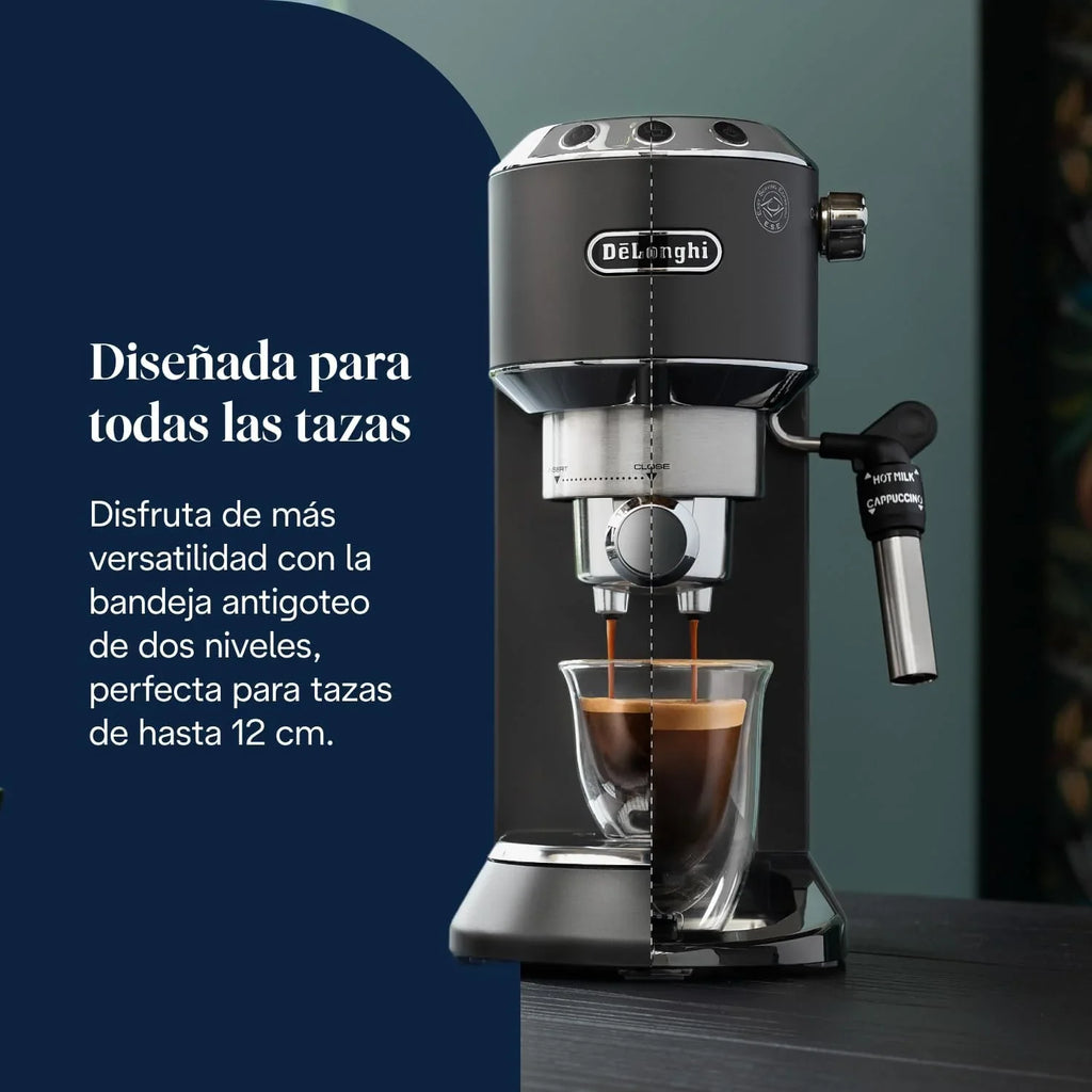 De’Longhi Dedica Style – Perfetto Cafetera Espresso Manual Compacta, Espumador de Leche Manual para Espresso y Cappuccino, Compatible con Monodosis ESE, Panel con Botones, Ancho 15cm, Negro (EC685.BK)
