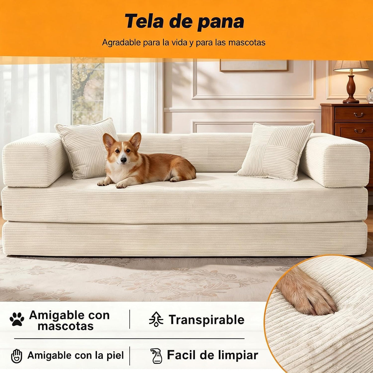 200 cm 3 Seater Sofa Bed with Foam & Springs for Living Room, White