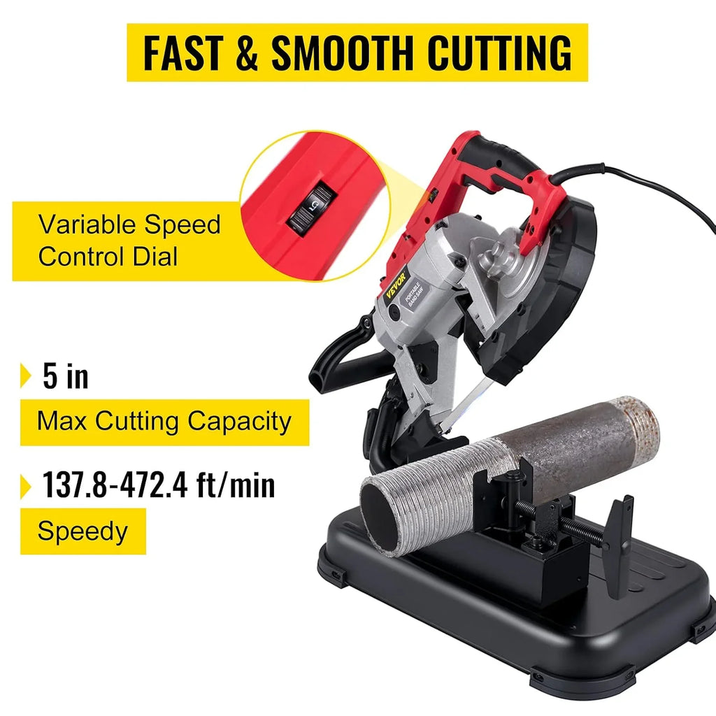 VEVOR Sierra de Cinta de Metal 1100W Base 0 – 45° Sierra de Cinta Profesional Tamaño Corte 12,7cm 137,8-472,4 Pies/min Sierra de Cinta de Corte para Metal, Acero, Aluminio y Cable Compuesto