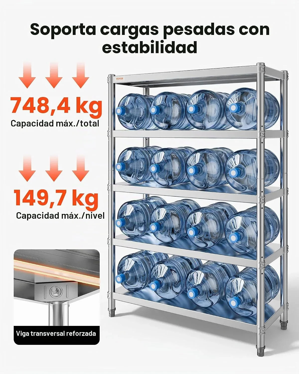 VEVOR Estantería de Acero Inoxidable de 48 x 18.5 Pulgadas, 5 Niveles Ajustables, estantería de Acero Inoxidable Resistente para Cocina, Oficina, Garaje, Almacenamiento, 330 Libras por Estante