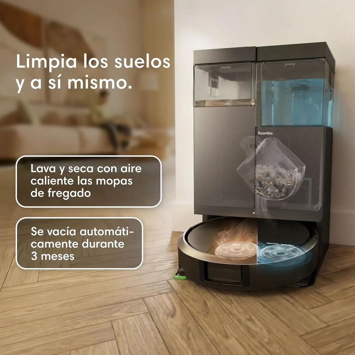 iRobot Roomba Plus 415 Combo y Base AutoWash multifunción, Robot Aspirador y Friegasuelos, 20.000Pa, Mopa Extensible, Mopas DualClean Elevables, Secado Calor, LiDAR Clearview, Autonomía 90 Días,Negro
