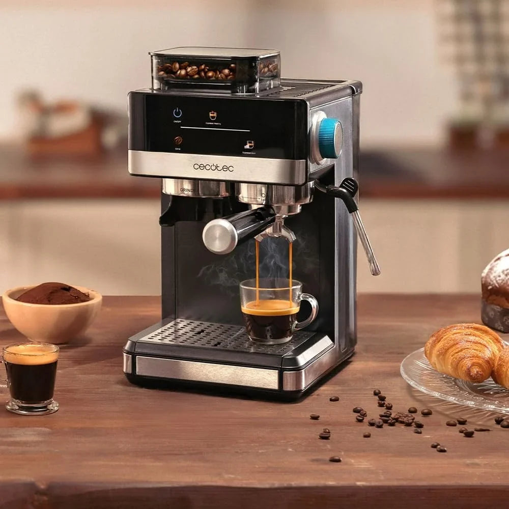Cecotec Cafetera Express Power Espresso 20 Grind +. 1350W, 20 Bares, Pantalla Táctil, Thermoblock, Depósito Agua 1,7L, 20 Niveles de Molienda, Depósito Café 150g, Espumador de Leche, Seguridad