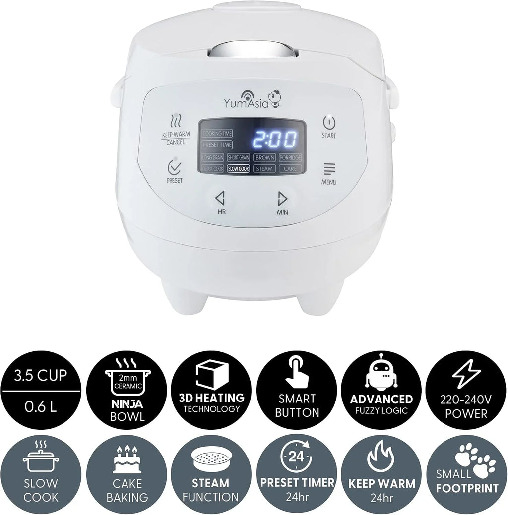 Yum Asia Panda Mini arrocera con cuenco de cerámica Ninja y lógica difusa avanzada (3,5 tazas, 0,63 litros) 4 funciones de arroz, 4 funciones de multicocina 220-240V (Arctic White)