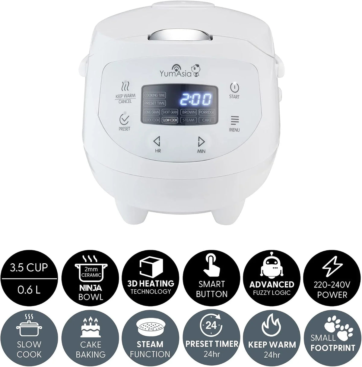 Yum Asia Panda Mini arrocera con cuenco de cerámica Ninja y lógica difusa avanzada (3,5 tazas, 0,63 litros) 4 funciones de arroz, 4 funciones de multicocina 220-240V (Arctic White)