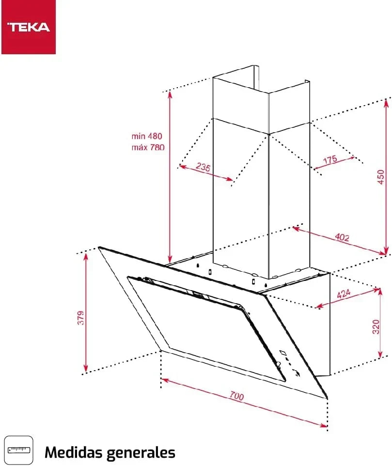 TEKA Campana Extractora de Pared 70 cm, Motor Doble EcoPower, Aspiración Perimetral, 3+1 Velocidades Fresh Air Aspiración 98m3 Ruido 61dB 2 LED DVT 78660 TBS