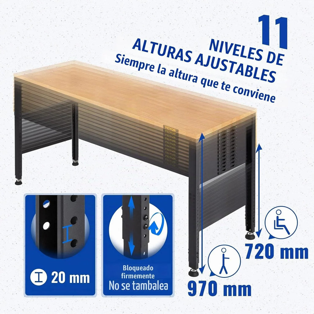 VEVOR Banco de Trabajo de Altura Ajustable, 135 cm de Ancho x 46 cm de Profundidad x 97 cm de Alto, Mesa de Garaje con 72-97 cm de Altura y Capacidad de Carga de 900 kg, con Tomas de Corriente, Parte