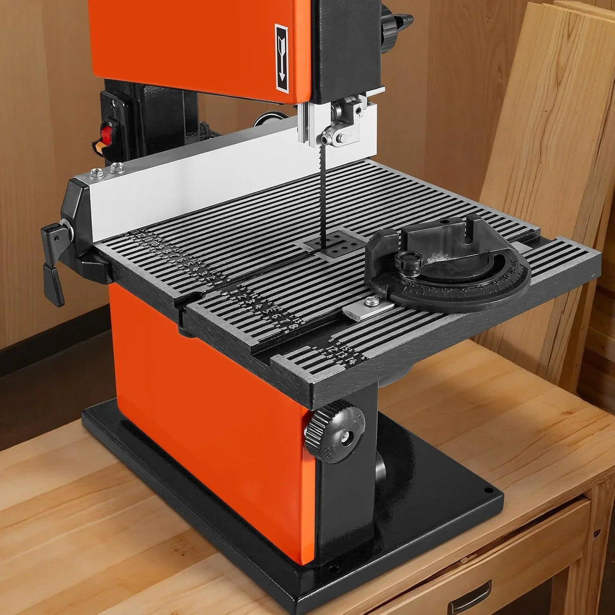 VEVOR Sierra de Cinta para Madera con Motor de 373 W, Altura de Corte de 90 mm, Ancho de Corte de 229 mm, Mesa de Aluminio Fundido de 300 x 300 mm, con Luz de Trabajo de 360°, para Carpintería