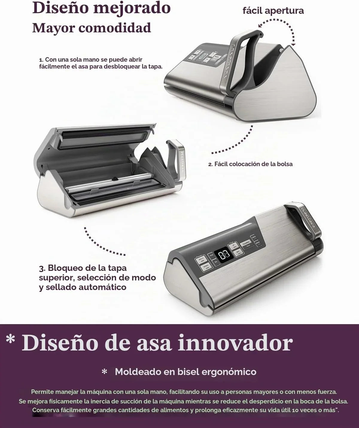 Mesliese Envasadora 95kPa 140W, 20L/min, Doble Sellado | Uso a una mano, asa ergonómica, cortador integrado, compartimento para rollos, pantalla LED (Gris)