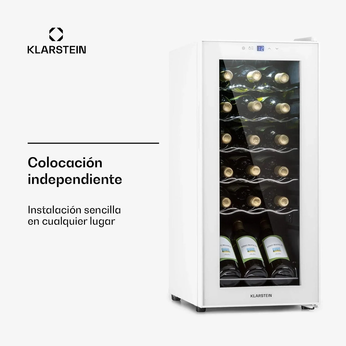 KLARSTEIN Shiraz Vinoteca Blanco – 18 Botellas, 50 L, 1 Zona | Nevera para Vinos de Libre Instalación, Puerta de Cristal, Silenciosa, 5–18 °C, LED, Marco Inox