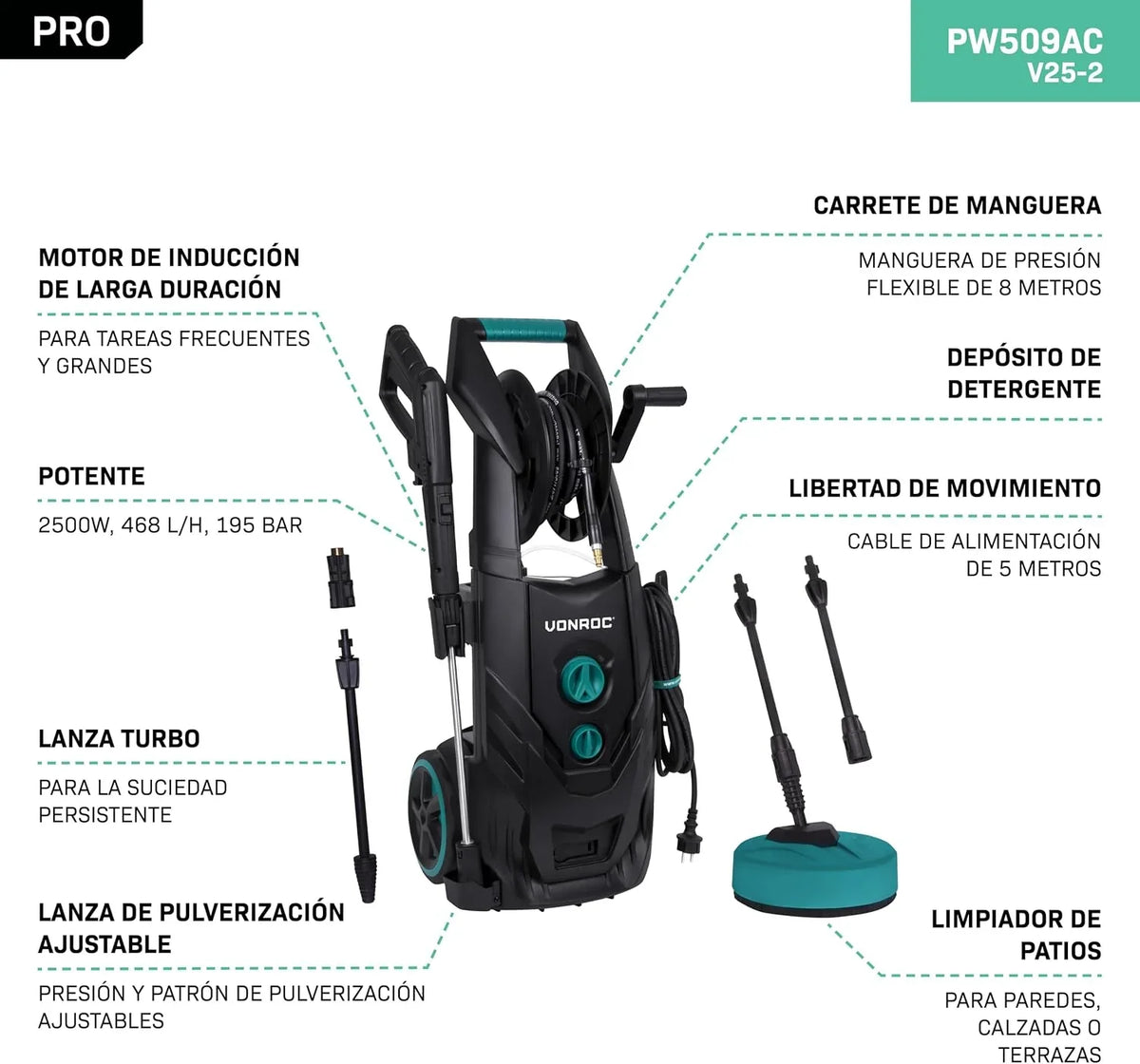 VONROC Hidrolimpiadora Pro V25-2 - 2500W - 195 Bar - 468 l/h -