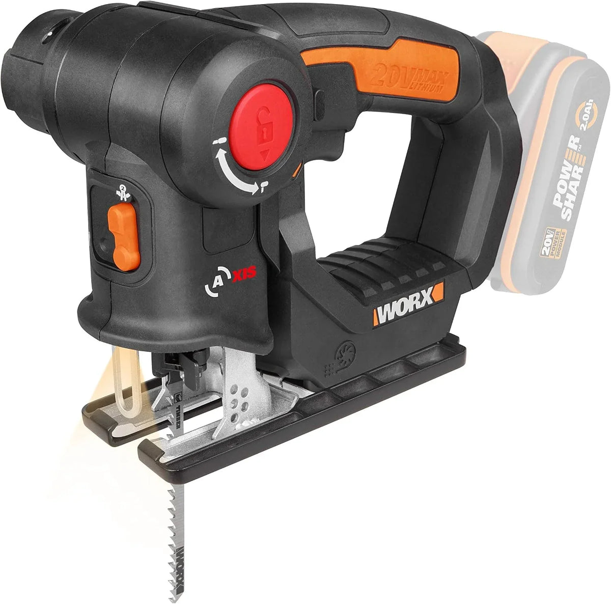 WORX WX550.9 Sierra Calar y Sable Axis 2 en 1 20V Sin Batería, Cambio Rápido de Hoja, Movimiento Pendular, Soplador, Doble Encendido, LED