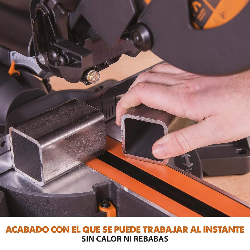 Evolution Power Tools R210SMS+ Ingletadora deslizante multimaterial de 210 mm, con paquete Plus, Corta acero dulce, aluminio, plástico, madera con clavos incrustados, 230 V