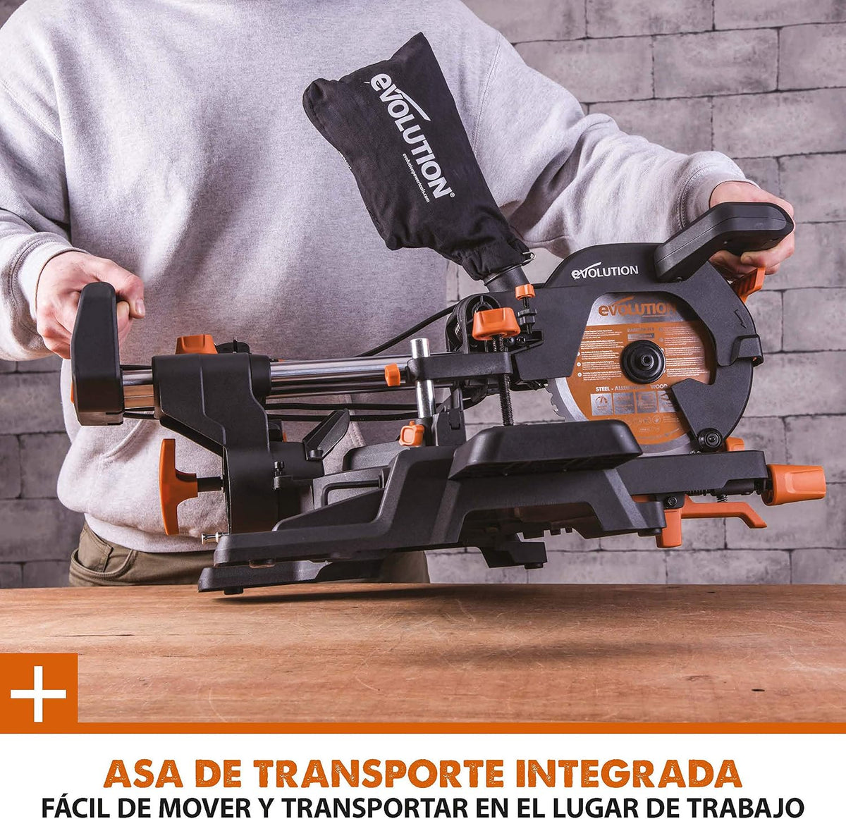 Evolution Power Tools - R210SMS-300+ Ingletadora deslizante multimaterial de 210 mm (230 V), con paquete plus, Corta acero dulce, aluminio, plástico, madera con clavos incrustados