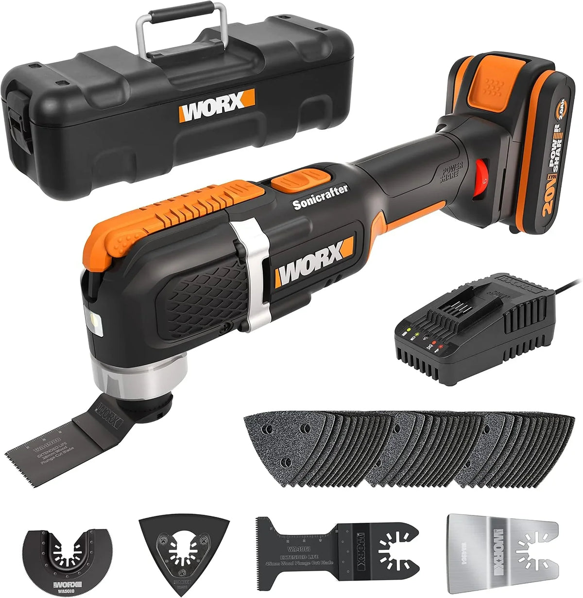 WORX WX696 Multiherramienta Sonicrafter 20V-2Ah, velocidad variable, LED, corte preciso, lijado y detalle, batería cargador, maletín y 35 accesorios incluido, bricolaje y trabajos de precisión