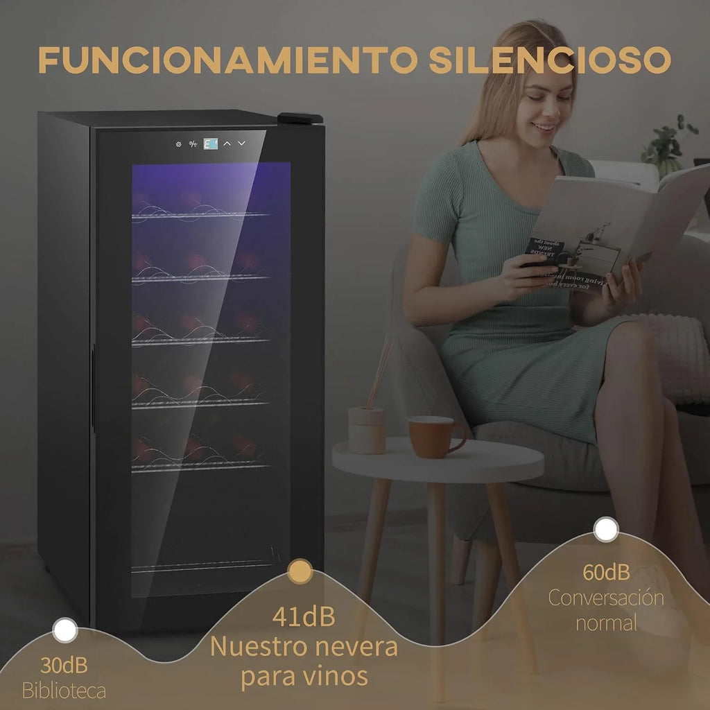 HOMCOM Nevera Vinos 18 Botellas 50L Vinoteca con Luz LED Interior Pantalla LED Táctil Digital Control de Temperatura Puerta de Vidrio Anti-UV y 5 Estantes de Metal Negro