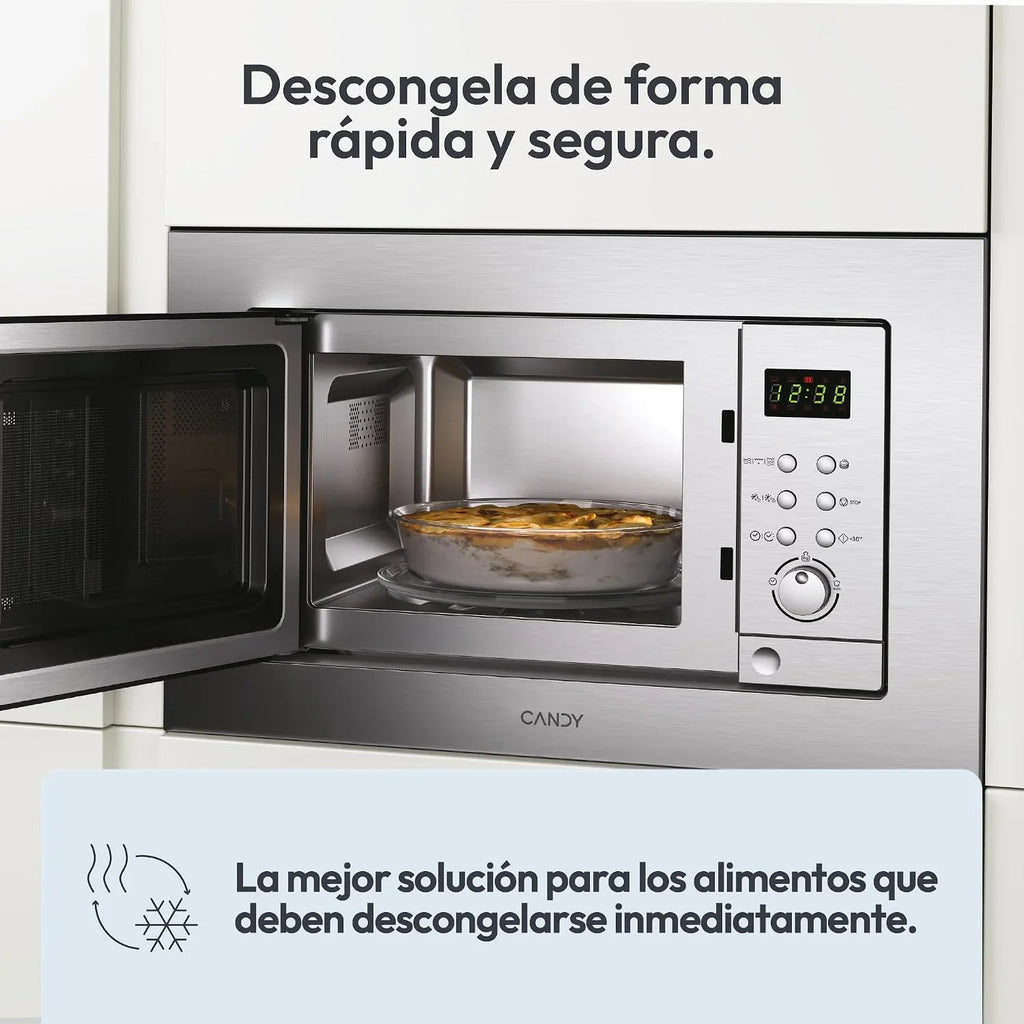 Candy MIC201EX, Microondas integrable con grill, 20L, Digital, Con marco, 8 programas automáticos, Plato giratorio 24,5cm, Descongelación tiempo y peso, 800W/1000W, Acero inoxidable antihuellas