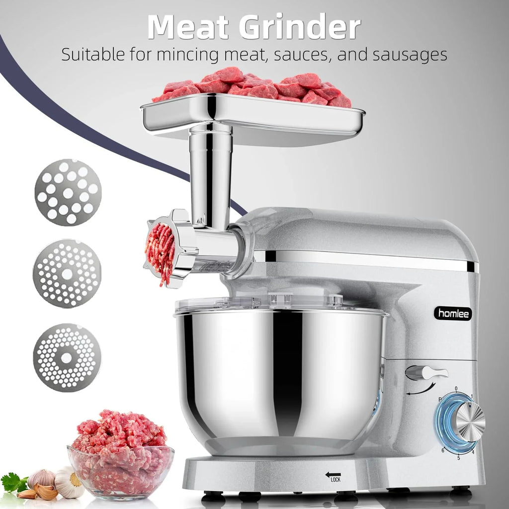 Homlee 3 In 1 Robot De Cocina con Picadora De Carne y Batidora,2000W Amasadora Multifunción, 5.5L Cuenco De Acero Inoxidable,1.5L Exprimidor De zumo, 6 Niveles De Velocidad