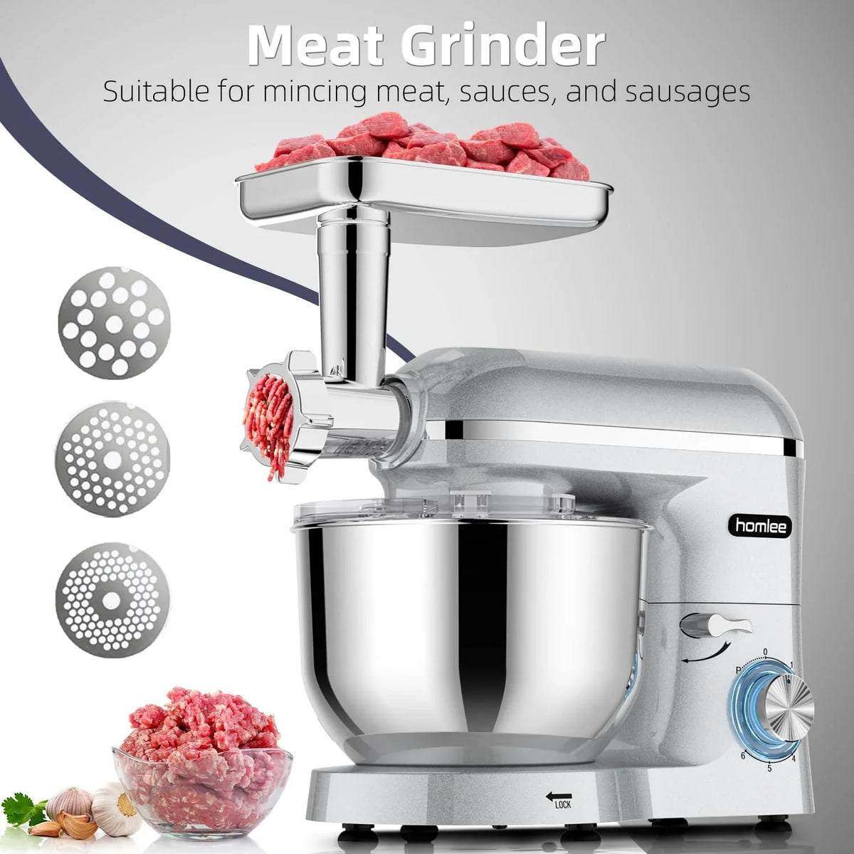 Homlee 3 In 1 Robot De Cocina con Picadora De Carne y Batidora,2000W Amasadora Multifunción, 5.5L Cuenco De Acero Inoxidable,1.5L Exprimidor De zumo, 6 Niveles De Velocidad